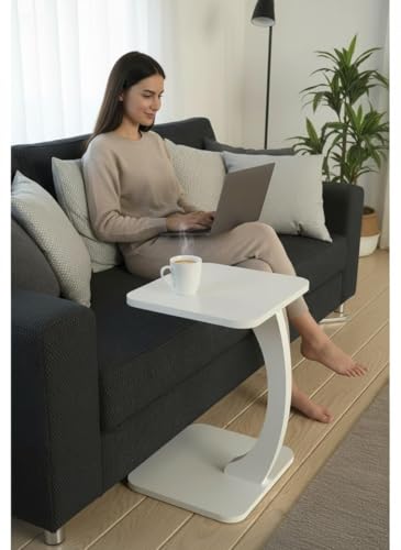 Image of Modern C-Shaped Wooden Sofa Side Table for Living Room | Multipurpose Laptop Table for Couch | Bedside Coffee Table | Space Saving Table for Home & Office | Stylish Portable End Table (White-Square)