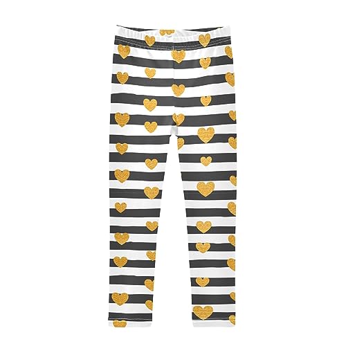 Gold Hearts Black and White Striped Girls Leggings Dance Running Workout Yoga Pants - Main Image
