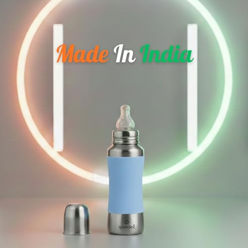 Image of SPEEDEX Stainless Steel Baby Feeding Bottle 240 ml with Blue Silicone Grip & Internal ML Marking | BPA & Plastic Free | Anti-Colic Silicone Nipple | 304 Grade Steel Infant Milk Bottle | Leak Resistant (240ml)
