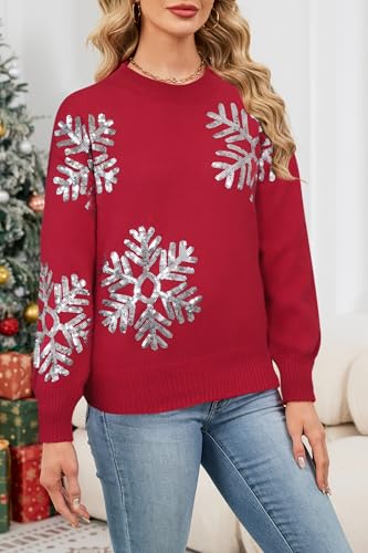 Image of Cakulo Womens Funny Ugly Christmas Sweater Oversized Chunky Batwing Long Sleeve Crewneck Pullover Sweaters 2025 Red Snowflake M