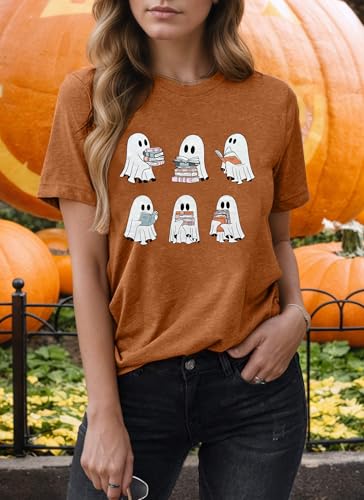 Halloween Teacher Shirts for Women Reading Books T-Shirt Funny Teacher Librarian Halloween Party Tee Tops4