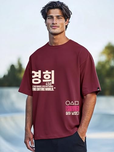 Image of Bewakoof X Squid Game Men's Cotton Graphic Print Oversized Fit Half Sleeve Round Neck T-Shirt | Casual Wear | Street Wear | Oversized t Shirt for Men Cotton | Baggy