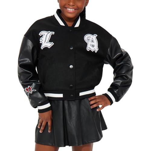 Trifoliate Girls Black Varsity Jacket Lightweight Wool Faux Leather Embroidery LA Heart Wings School Wear3
