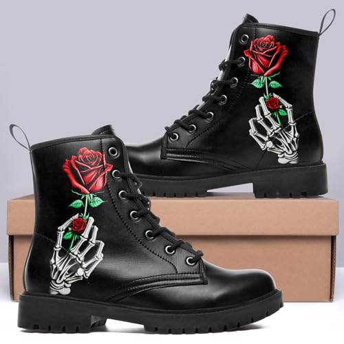 Image of Custom Black Combat Boots for Women Fashion Lace-Up Skull Rose Ankle Booties Chunky Heel Platform Leather Boots