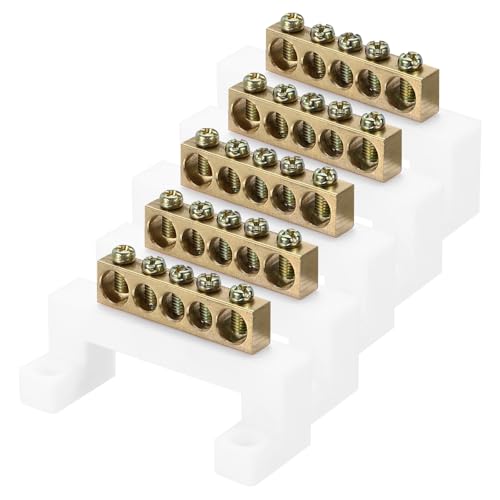 MECCANIXITY 5 Pcs Terminal Ground Bar, 5 Positions Screw Brass Terminal Bus Bar, 8x12mm Ground Terminal Block for Electrical Equipment, Distribution Box, White