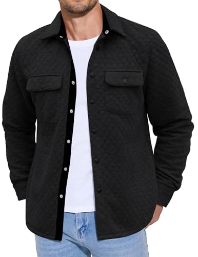 COOFANDY Mens Casual Shirt Jacket Quilted Button Down Jacket Lightweight Shacket Jacket, Black, Medium