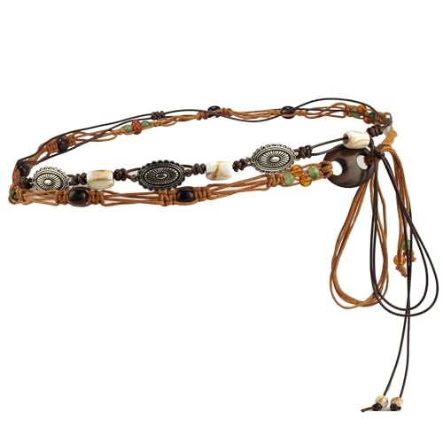 ILuvatar 2-Piece Handwoven Boho Set, Brown & Coffee Tone Alloy Concho & Wooden Button Accent Layered Waist Belt, Beaded Tassel Belt for Women, Adjustable Western Bohemian Body Chain, One Size