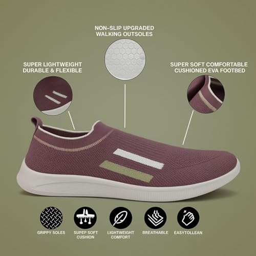 Image of Onion Casual Slip-On Sneakers, Purple Knit Mesh Walking Shoes with White Stripes