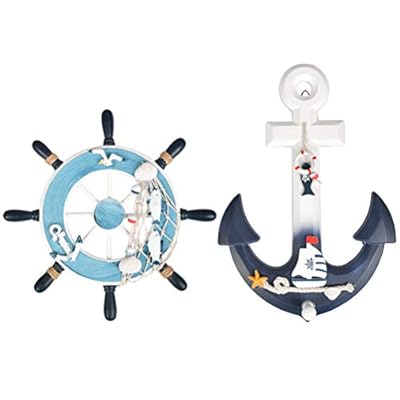 QLOUNI 2 Pack Nautical Decor Beach Wooden Ship Wheel and Wood Anchor with Rope Nautical Boat Steering Rudder Wall Decor… 419YP8TszoL. SS400