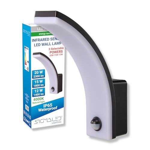 Sigmaled lighting, Lampada da Esterno con Sensore di Movimento Crepuscolare Disinseribile, Applique da Esterno IP65 Resistente Intemperie, 3 Potenze Selezionabili 20W 15W 12W, Luce Naturale, Nera