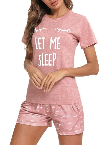 Uniexcosm Schlafanzug Damen Kurz Baumwolle Zweiteiliger Pyjama Set Kurzarm Nachtwäsche Wimperndruck Sleepwear Hausanzug Loungewear Stil 1:Hellrosa-1 M 4