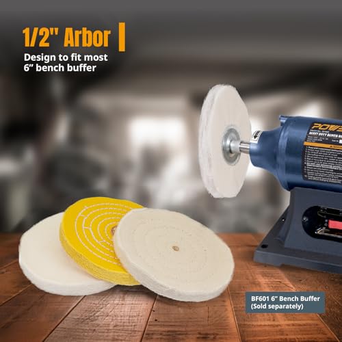 POWERTEC 3 Pack Polishing Wheels 6 inch Kit with 3pcs Polishing Compound Set | Yellow, Loose Cotton and White Cotton (40 Ply) Buffing Wheel for Jewelry Polisher Pad 1/2" Arbor Hole (71631)
