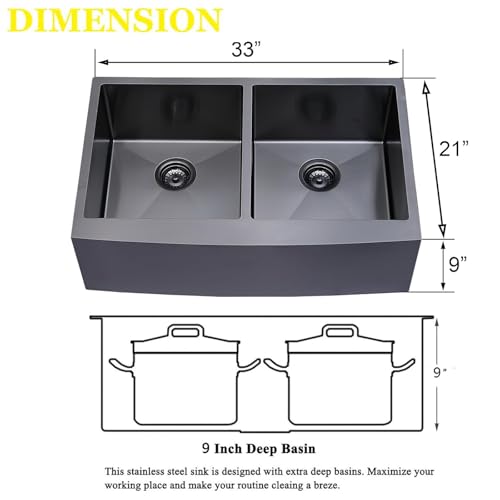 Image of SHACO 33 Inch Black Double Bowl Divided 50 /50 Farmhouse Sink, 33x21 Gunmetal Black Stainless Steel Undermount Apron Front Farm Kitchen Sink