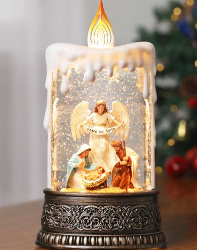 Lffital Christmas Snow Globe Candle, Snow Globe Lantern Nativity with Angel Swirling Lantern Glitter for Holiday Home Decor with Music Christmas Decoration Indoor