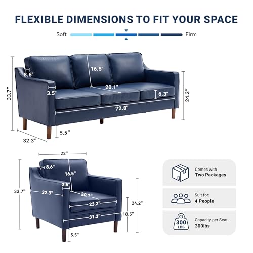 Image of Kingfun Couch Sets for Living Room, 3 Seater Couch and Armchair, Mid Century Modern Sofa Set, Faux Leather Couch with Solid Wood Frame for Bedroom