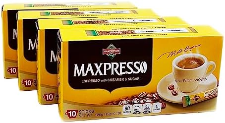 Maxpresso 3 in 1 Korean Instant Coffee Mix - Single Serve Sticks 40 Packets with Creamer and Sugar Premium Hot or Iced Coffee Blend Rich Flavor