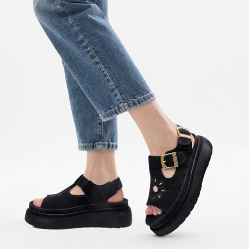 Image of Platform Sandals for Women Chunky Ankle Buckle Casual Open Toe Comfortable Flower Decoration Fisherman Sandals