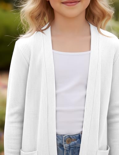Image of Girls Open Front Cardigan Casual Lightweight Long Sleeve Ribbed Knit Sweater Soft Outerwear Coat with Pockets