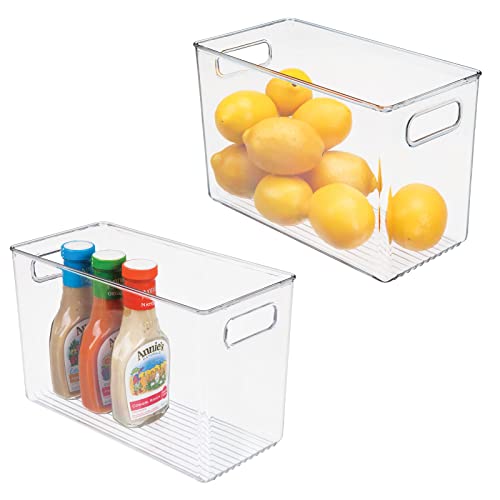 mDesign Plastic Storage Box – Narrow Open-Top Fridge Organiser Tray with Handle – Can Be Used as Fridge Tray, Shelf Box or for Cupboard Storage – Pack of 2 — Clear