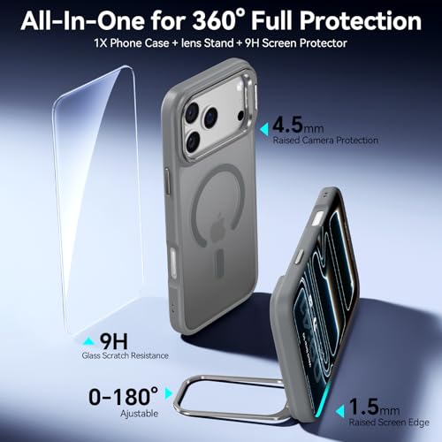 Image of for iPhone 17 Pro Case with Stash Lens Stand and 9H Screen Protector, Compatible with MagSafe, Military-Grade Drop Protection Magnetic Phone Case for iPhone 17 Pro, 360 Full Protection, Gray