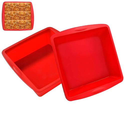 2 Pack Square Cake Tin Silicone Brownie Tin Non Stick Red Silicone Baking Trays for Baking Bread Lasagna Cheesecake Easy Release Silicone Cake Mould Heat Resistant Brownie Tray 19.5x18×5.5cm