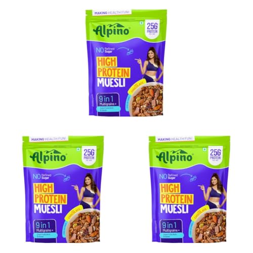 Image of Alpino High Protein Muesli Dark Chocolate, 25g Protein per 100g, No Refined Sugar, 9-in-1 Multigrains Breakfast Cereal with Nuts, Seeds & Dry Fruits, High Fibre Healthy Breakfast, 750g (Pack of 3)