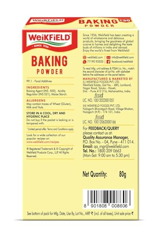 Image of Weikfield Baking Powder | Super Saver Pack | 100% Double Action Baking Powder | Perfect for Fluppy Cakes, Cookies, Muffins & Breads | Perfect for Baking | In Reusable Poly Jar | 80g