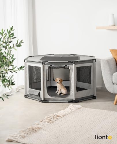 lionto Welpenauslauf aus Oxford-Gewebe, atmungsaktives Netz mit Reißverschluss & Seitentasche, Freilaufgehege für Hunde & Katzen mit Rahmen aus PVC-Rohren, achteckiger Hundekäfig, 112x112x62 cm, grau