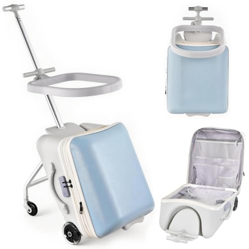 2-In-1 Ride On Luggage for Kids 20 Inch Expandable Ride On Suitcase for Kids with Spinner Wheels Carry On Luggage with Detachable Seat Double as Stroller Safety Guardrail Help Your Child Relax