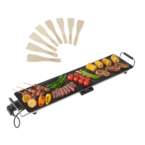 Emperial Teppanyaki Grill - Electric BBQ Grill with Non-Stick Table Top Plate 2000W Easy Clean Adjustable Temperature Control Oil Drip Tray & 8 Spatulas - 90x23x10cm