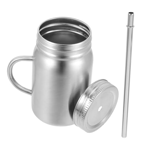 MOLUCKFU Copa Mason de acero inoxidable taza térmica vaso aire boca voltear biberones biberón garrafa water bottle travel mug botella de agua con pajita y asa taza de viaje de café Silver