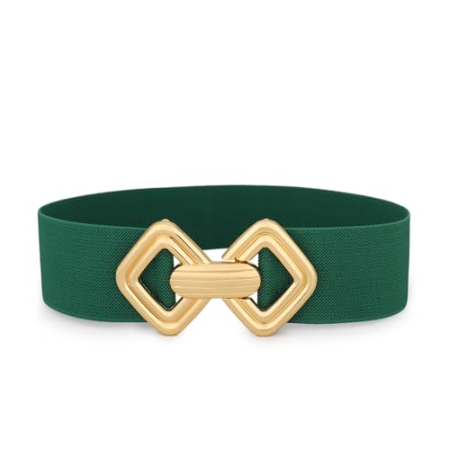 VONMELLI Women Wide Elastic Belt Vintage Stretchy Waistband with Retro Gold Buckle for Dresses Green M