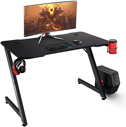 Hbada scrivania Gaming più ergonomico scrivania Stile da Corsa A Forma di Z. Scrivania del Computer con portabicchieri e Porta cuffie Negro
