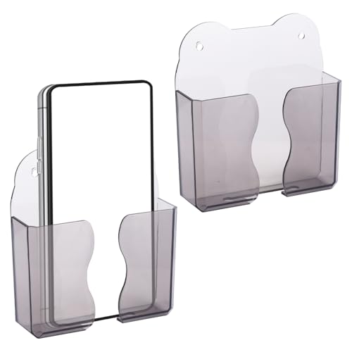 2pcs Wall Mount Phone Holders, Clear Plastic Self Adhesive With Charging Hole Shelf Stand, Bedside Smartphone Stand Cradle, Cell Mobile Phone Accessories for iPhone and Android (Volcanic Gray)