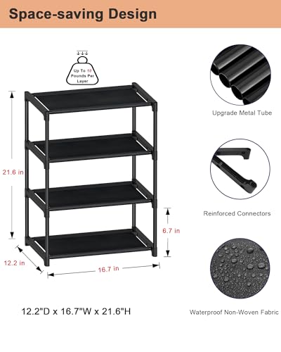 HITHIM 4 Tiers Small Shoe Rack,Narrow Stackable Shoe Shelf Organizer,Sturdy Shoe Stand, Non-Woven Fabric Metal Shoe Racks for Entryway, Doorway and Bedroom Closet