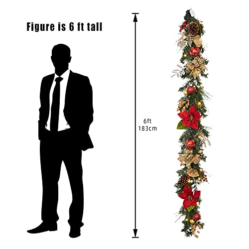GarveeHome Prelit Christmas Garland for Mantle, 6ft Battery Operated Xmas Garland with 20 LED Lights Timer Red Gold Balls for Fireplace Stair Railing TV Stand Indoor Outdoor Holiday Decor
