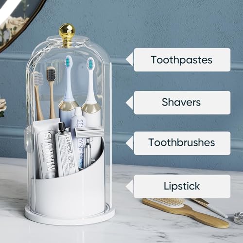 Image of Toothbrush Holder with Lid Bathroom Organizer Countertop, Rotating 3 Slots Electric Tooth Brush Toothpaste Holder Bathroom Counter Stand Sink Organizer Caddy for Vanity Makeup Brushes (Grey)
