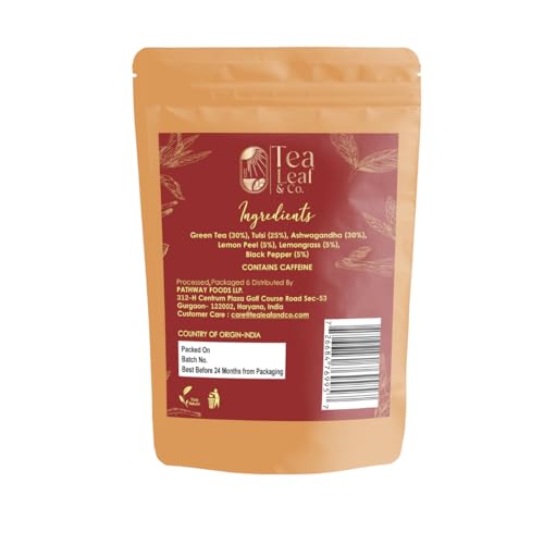 Image of Tealeaf & Co. Tulsi Holy Basil Ashwagandha Green Tea Loose Leaf with Lemon Peel, Lemongrass & Black Pepper - Tulsi Tea with Fresh Herbs and Spices - 50 Servings, Gluten Free (3.52oz /100gm)