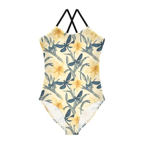 senya Girls Swimsuits One-Piece Swimwear Tie Bathing Suit Beach Summer Round Neck 9-10T Narcissus Dragonfly Pattern