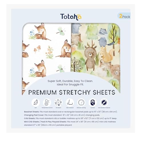 Image of TotAha Mini Crib Sheets 24x38, Ultra Soft Pack N Play Sheets Fitted Boy Girl, Super Stretchy Jersey Knit Pack and Play Mattress Sheets, Hypoallergenic, Forest Bear & Cute Deer