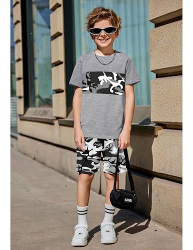 Image of Arshiner Boys' 2-Piece Cotton Outfit Color Block T-Shirt and Shorts Set Summer Camo Clothes for Kids 5-14 Years