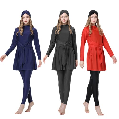 Dasongff - Traje de baño para mujer, 3 piezas, musulmán, modest completo, islámico, manga larga, traje con pantalones de baño hijab conjunto tankini, Negro , L