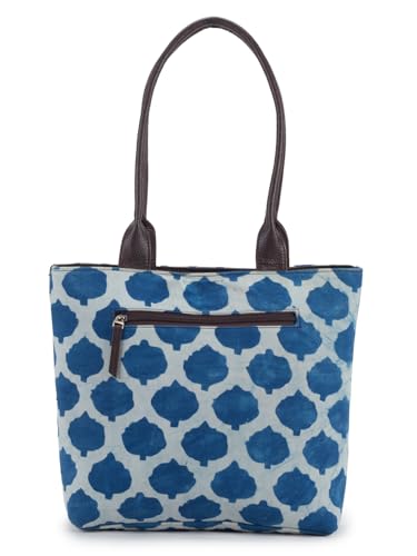 Image of NEPRI Office Pouch Tote Bag | Stylish Set of 2 Tote Bags for Women| Vegan Leather & Handblock Printed Fabric Handbag with Double Handle Shoulder Strap| Daily & Travel Use