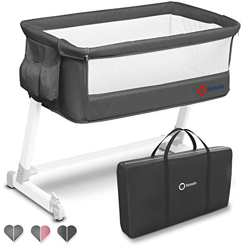Lionelo Theo 2in1 Baby Bett Reisebett Baby Beistellbett Baby ab Geburt bis 9 kg Höhenverstellung Einstellung der Neigung Faltbare Seitenwand Matratzez (Dunkelgrau)