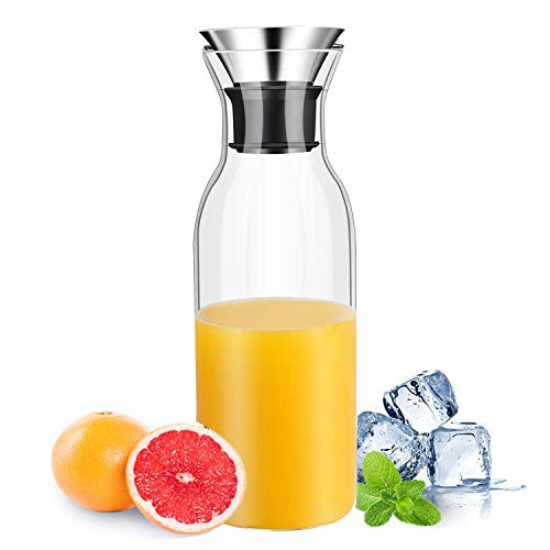 Hwagui Heat Resistant Glass Carafe with Stainless Steel Silicone Flip-top Lid - Glass Water Pitcher...