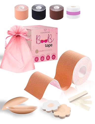 GLINDIHOME Cinta Adhesiva Pecho 5m. Incluye: 1 Rollo Boob Tape +2 Pezoneras Adhesivas Invisibles Reutilizables +36 Tiras Doble Cara Ropa +10 Pezoneras Tela +Bolsa. Sujetador Invisible. (BEIGE)