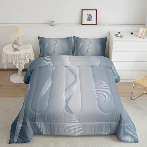Erosebridal Gradient Gray White Bedding Set Ombre Twin Comforter Set for Boys,Trippy Spiral Silver Wave Line Quilt,Abstract Art Room Decor Aesthetic