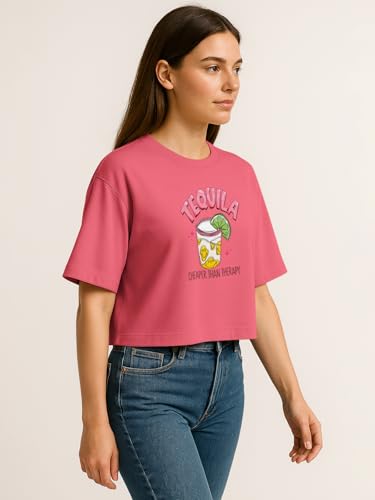 Image of HELLCAT Beige Printed Loose Fit Crew-Neck Crop T-Shirt for Women