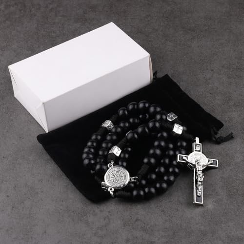 12mm Black Wood Beads Rosary with St.Benedict Metal Center Piece Necklace 21inch with Medal Crucifix for Men2