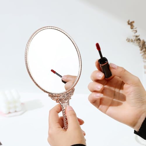 Image of KIRA Hand Mirror Makeup Mirrors Vintage Handheld Decorative Personal Vintage Cosmetic Travel Mirrors Oval Embossed Flower Mirrors with Handle for Women (Silver Black Gold Rosegold-Any ONE)
